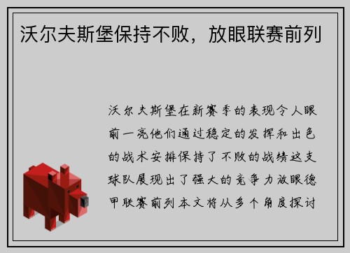 沃尔夫斯堡保持不败，放眼联赛前列