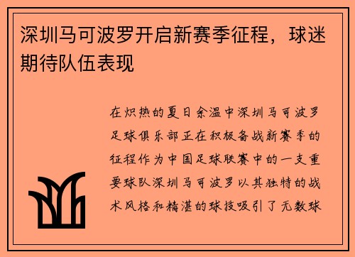 深圳马可波罗开启新赛季征程，球迷期待队伍表现